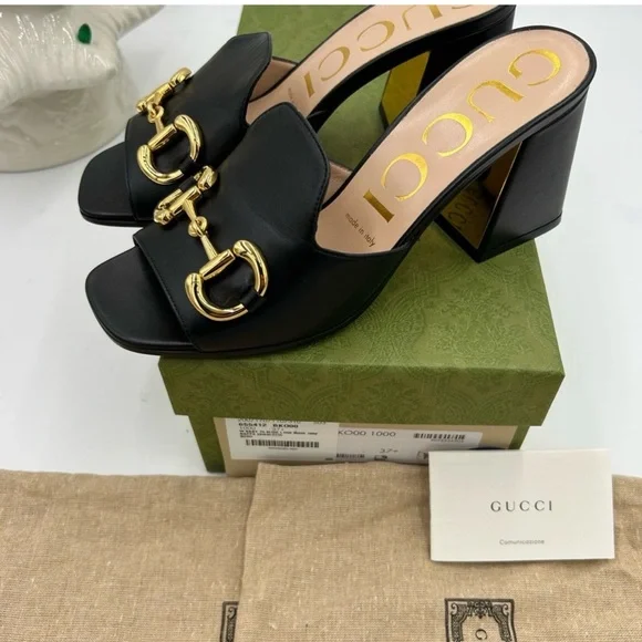 Women's Gucci Horsebit Leather mid heel slide sandal size 37.5 made in Italy - Picture 4 of 9